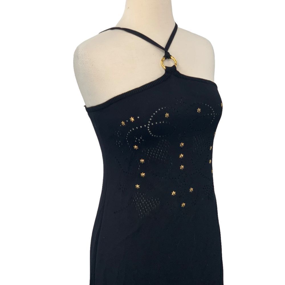 ESCADA Women's Halter Dress Gold Star Stud Eyelet Knit Black Midi Size 38/Medium - Picture 2 of 7